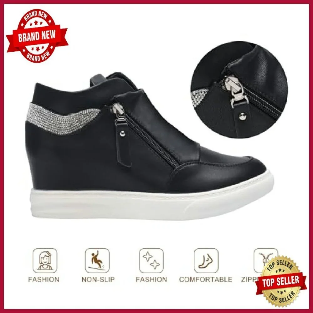 Women's Platform Sneakers Hidden Wedge Heel High Top PU Leather